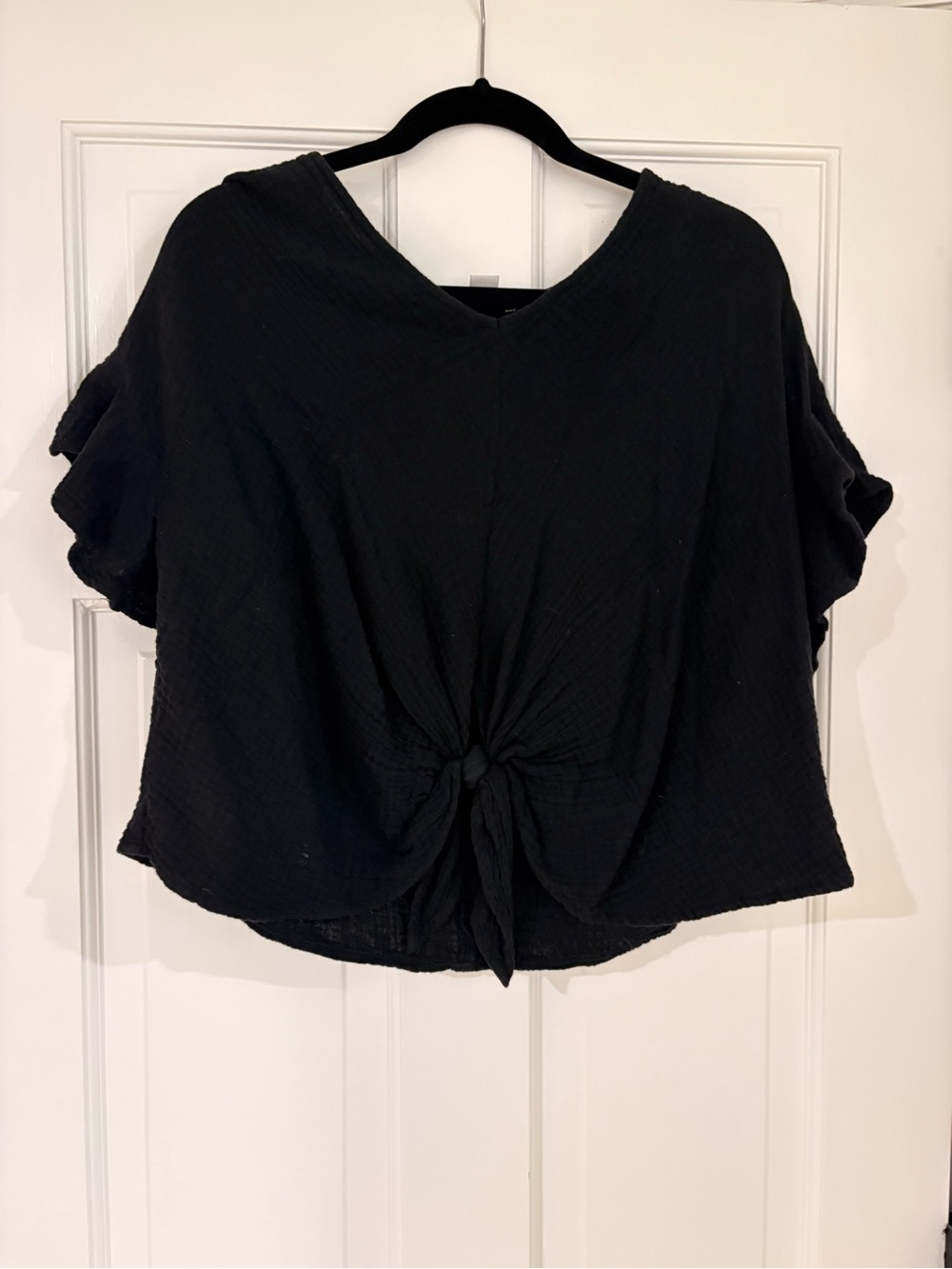 FAVLUX Black V-Neck Short Sleeve Tie-Front Tunic